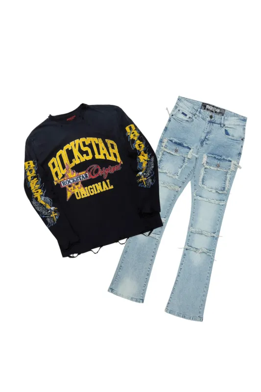 Eppy Black/Blue Long Sleeve T-Shirt/Stacked Flare Cargo Jean Bundle sold by Rockstar Original