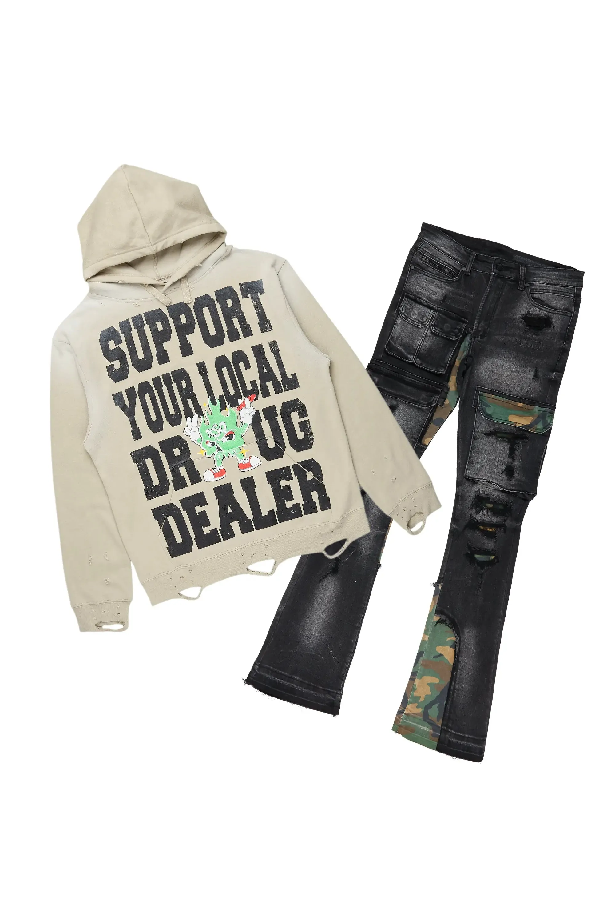 Tarl Oatmeal Hoodie & Zeta Stacked Flare Jean Bundle sold by Rockstar Original