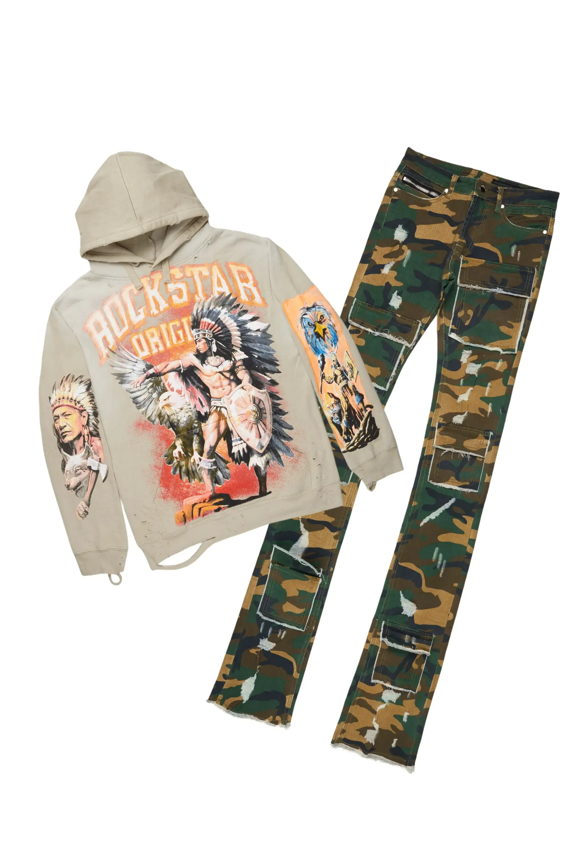 Ferris Oatmeal Hoodie & Petrus Super Stacked Flare Jean Bundle sold by Rockstar Original