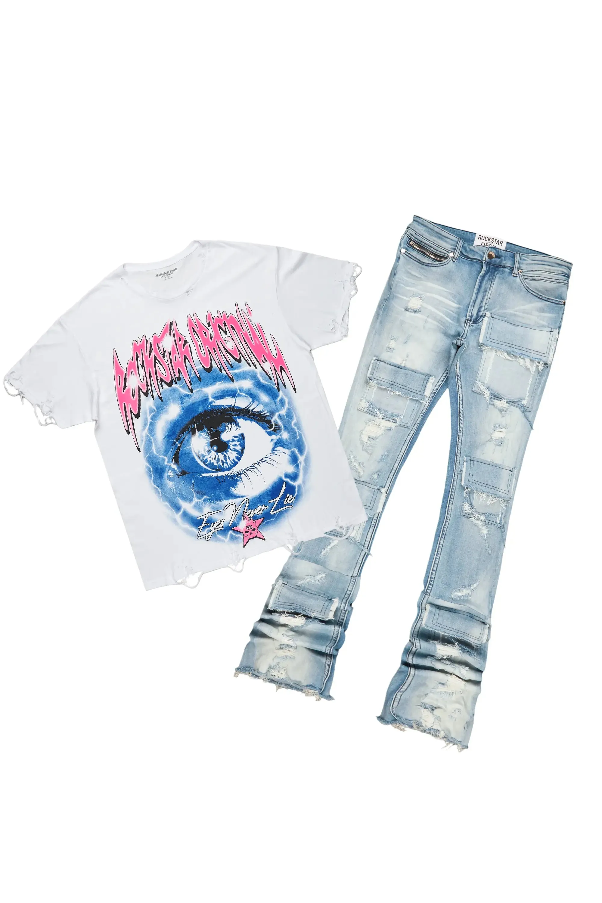 Pello White/Blue Oversized T-Shirt/Super Stacked Flare Jean Bundle sold by Rockstar Original