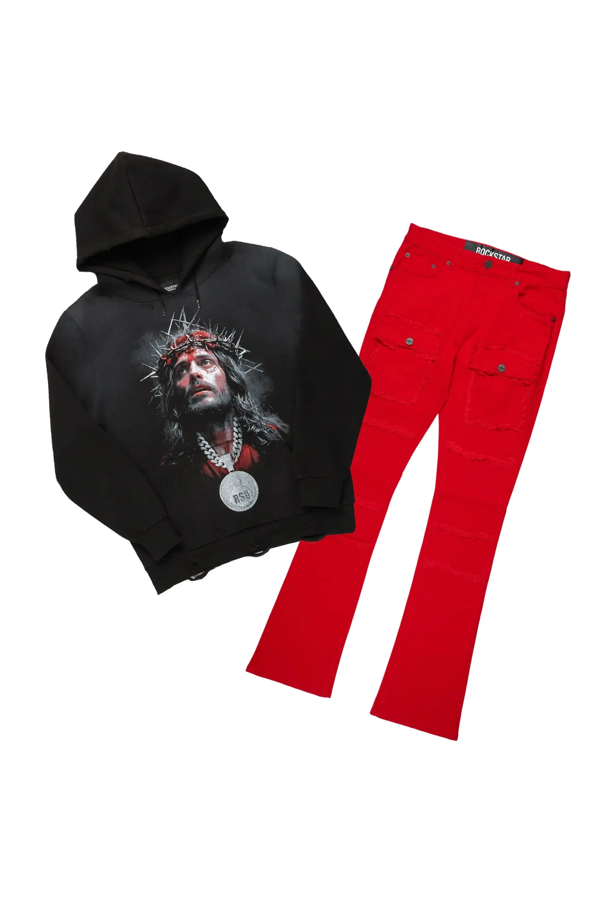 Amina Black/Red Hoodie/Stacked Flare Cargo Jean Bundle sold by Rockstar Original