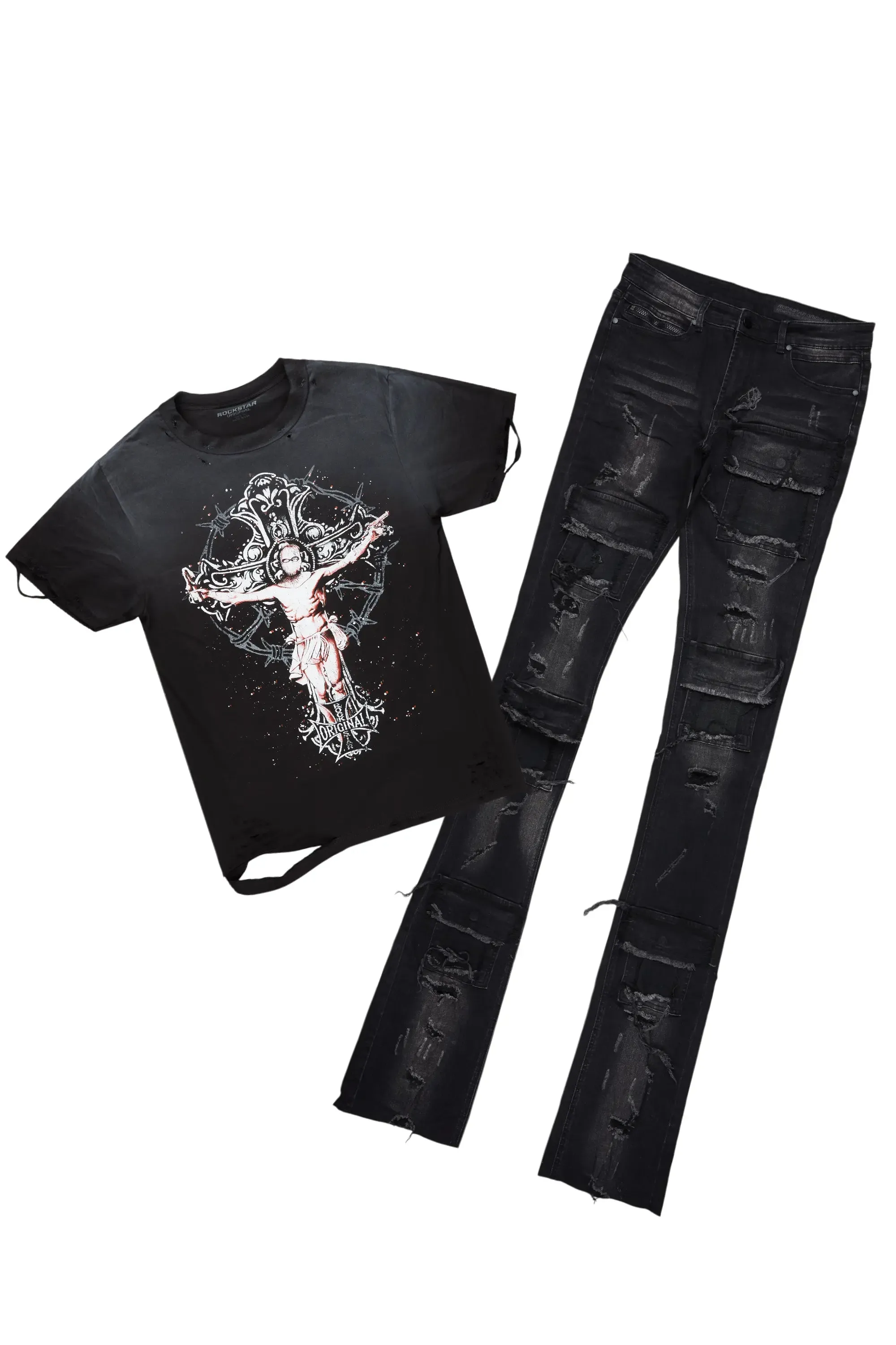 Ojas Black T-Shirt & Petrus Super Stacked Flare Jean Bundle sold by Rockstar Original