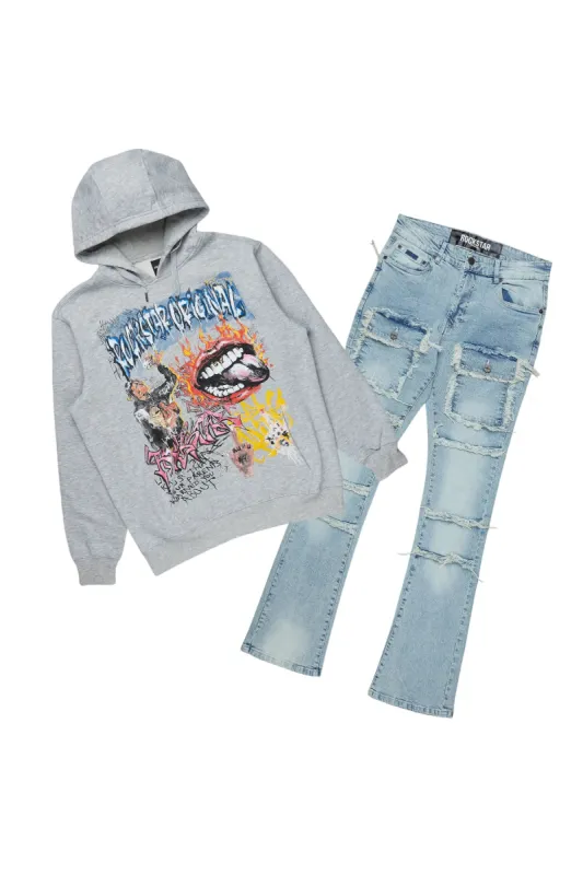 Yooz Heather Grey Hoodie/Stacked Flare Cargo Jean Bundle sold by Rockstar Original