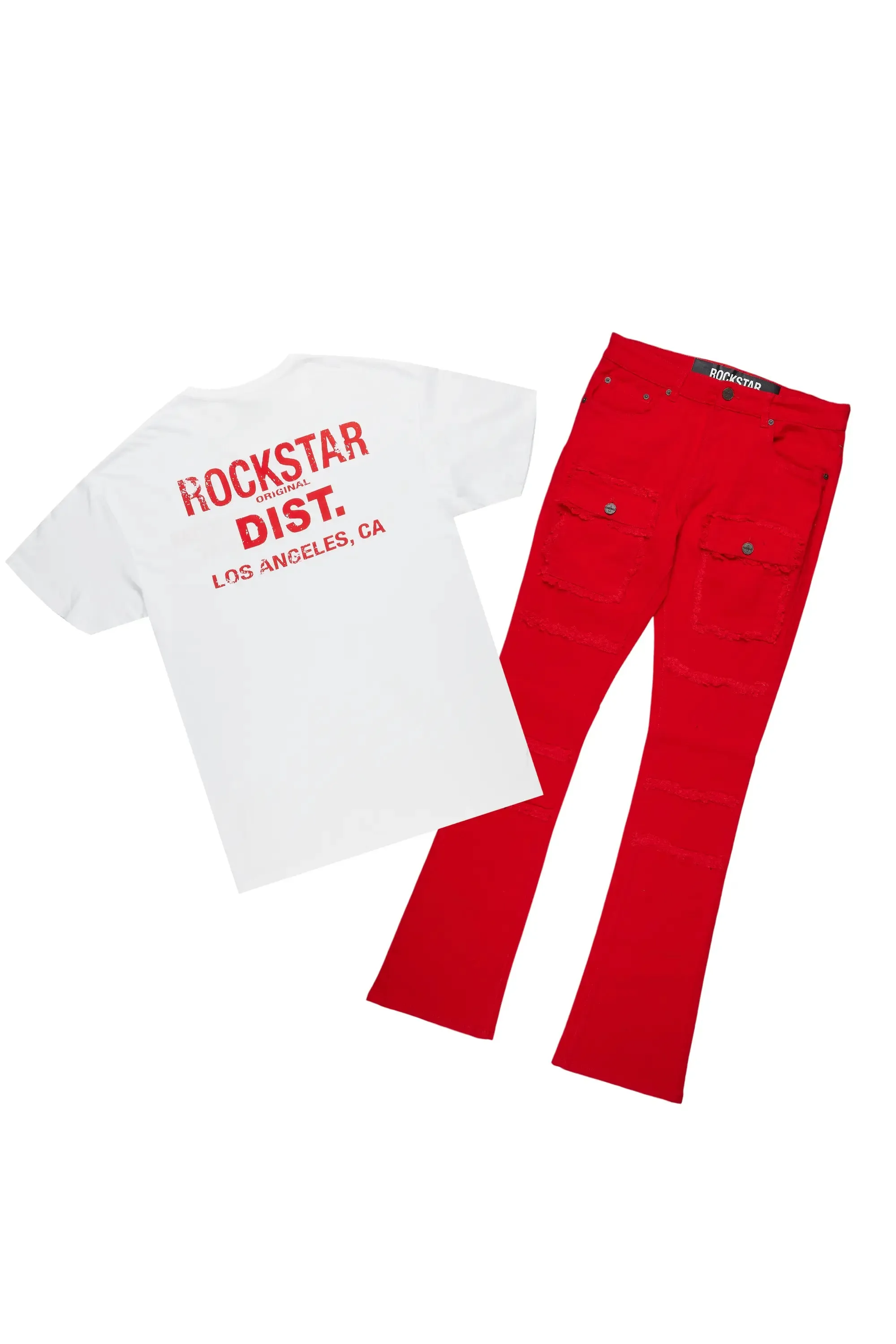 Lake White/Red T-Shirt/Stacked Flare Cargo Jean Bundle sold by Rockstar Original