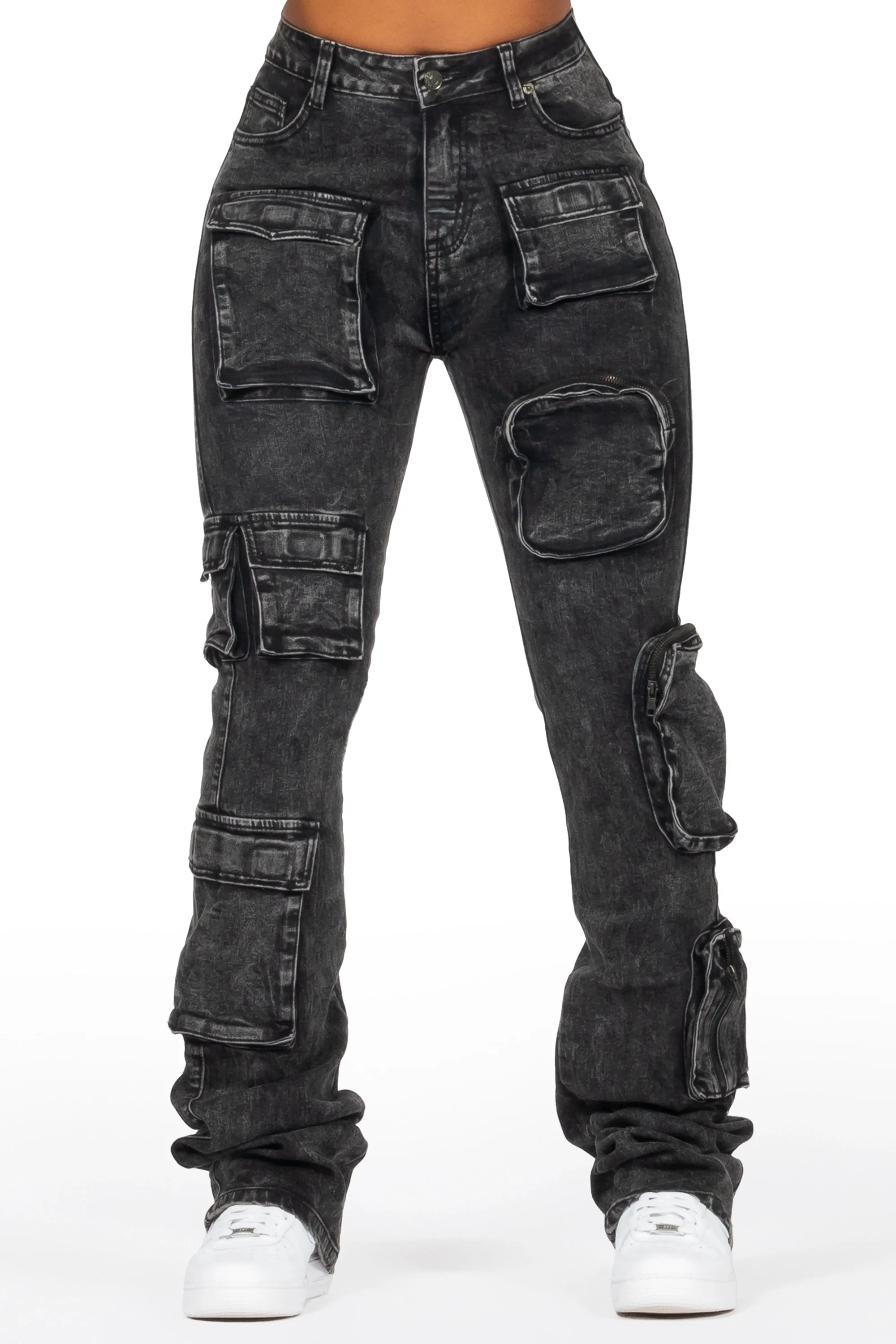 Symone Black Wash Cargo Stacked Flare Jean sold by Rockstar Original
