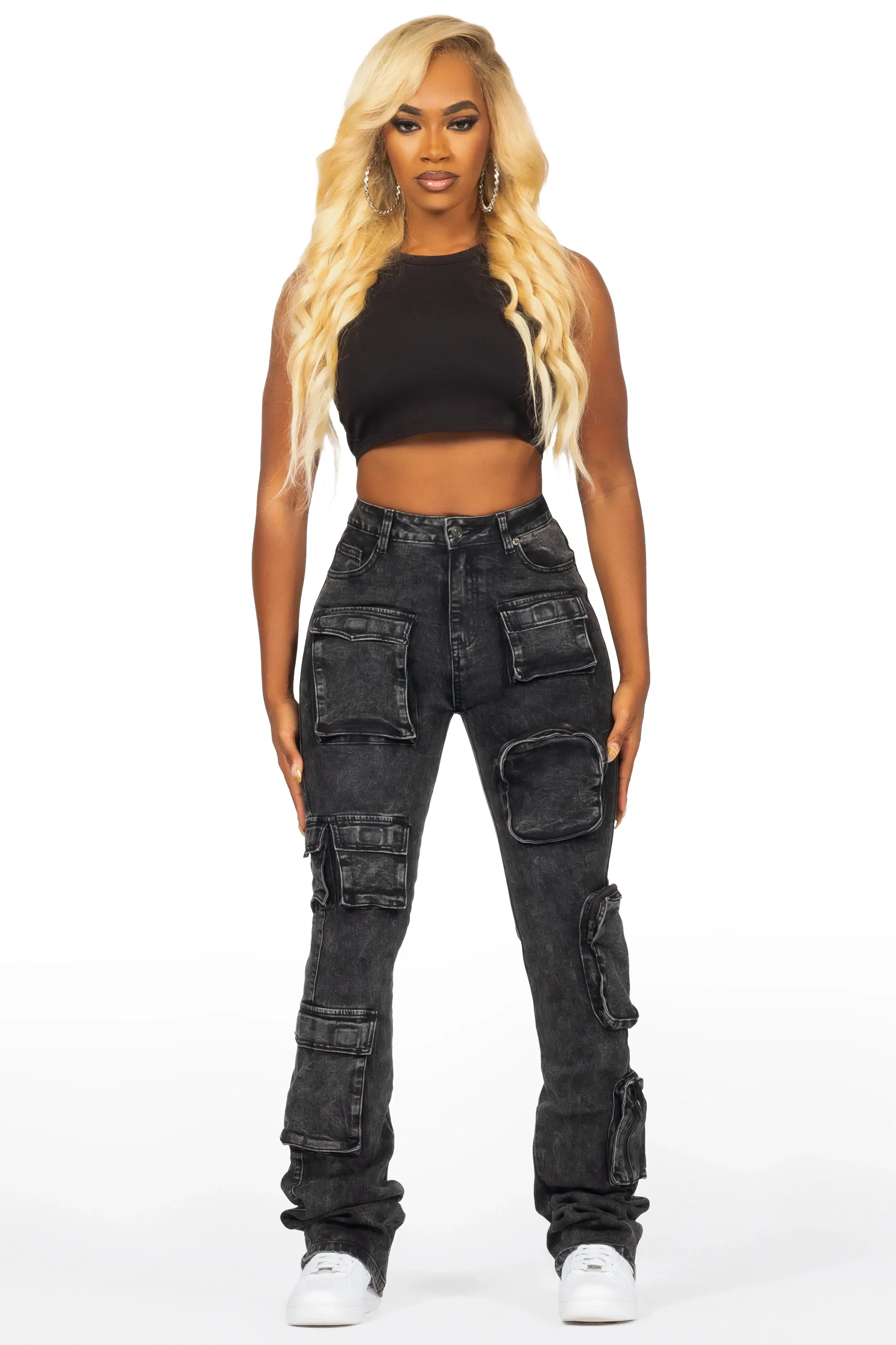 Symone Black Wash Cargo Stacked Flare Jean sold by Rockstar Original product image thumbnail 3