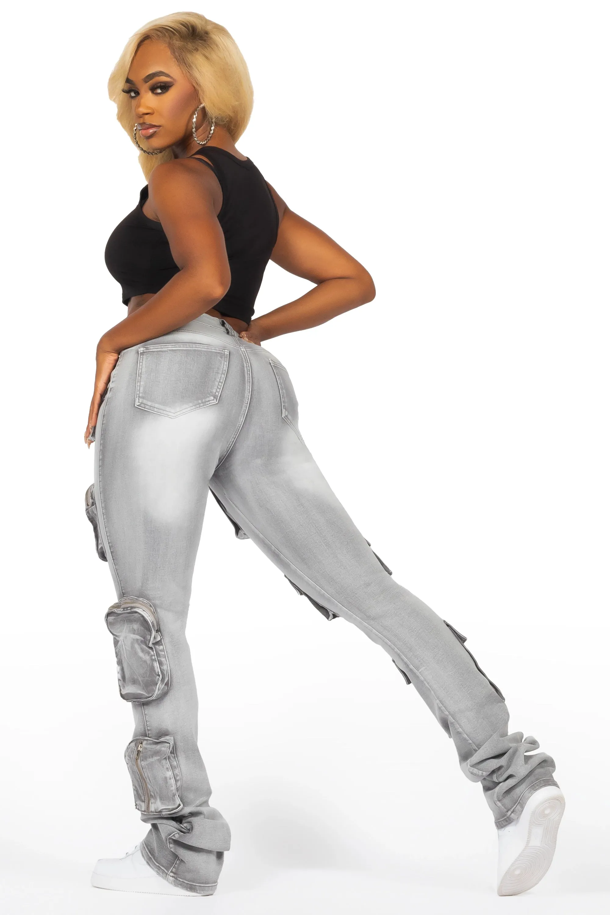 Symone Grey Wash Cargo Stacked Flare Jean sold by Rockstar Original product image thumbnail 4