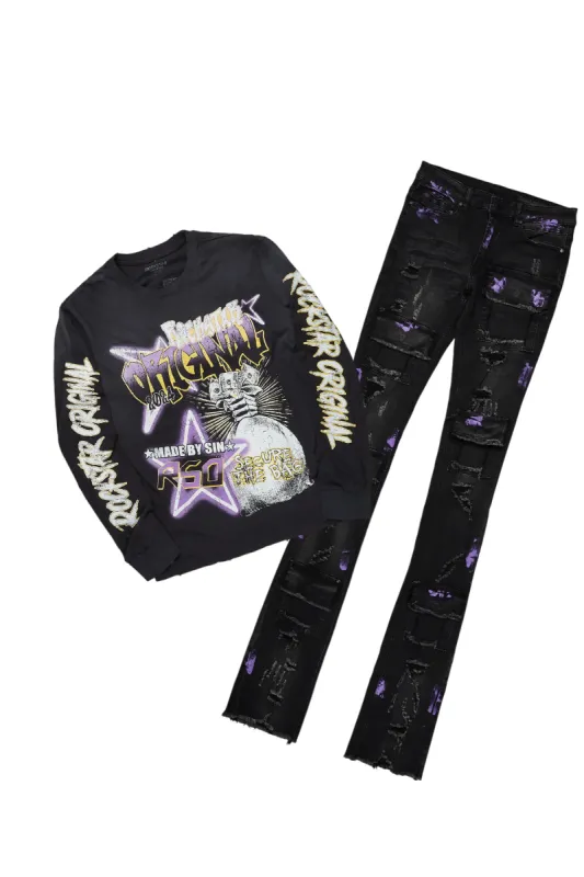 Amelie Black Long Sleeve T-Shirt/Stacked Flare Jean Bundle sold by Rockstar Original
