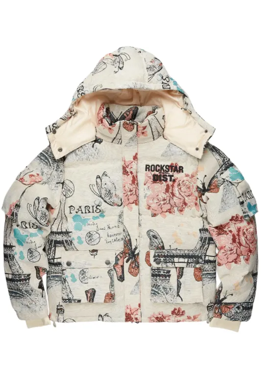 Lamont Beige Multi Tapestry Puffer Jacket sold by Rockstar Original