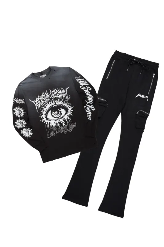 All Seeing Eyes Black Long Sleeve T-Shirt & Colin Black Stacked Flare Track Set sold by Rockstar Original