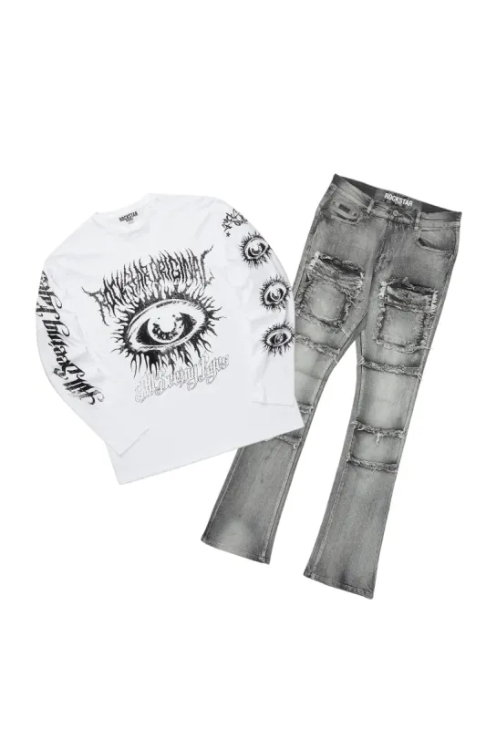 All Seeing Eyes White/Grey Long Sleeve T-Shirt/Stacked Flare Cargo Jean Bundle sold by Rockstar Original