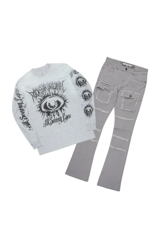 All Seeing Eyes Grey Long Sleeve T-Shirt/Stacked Flare Cargo Jean Bundle sold by Rockstar Original