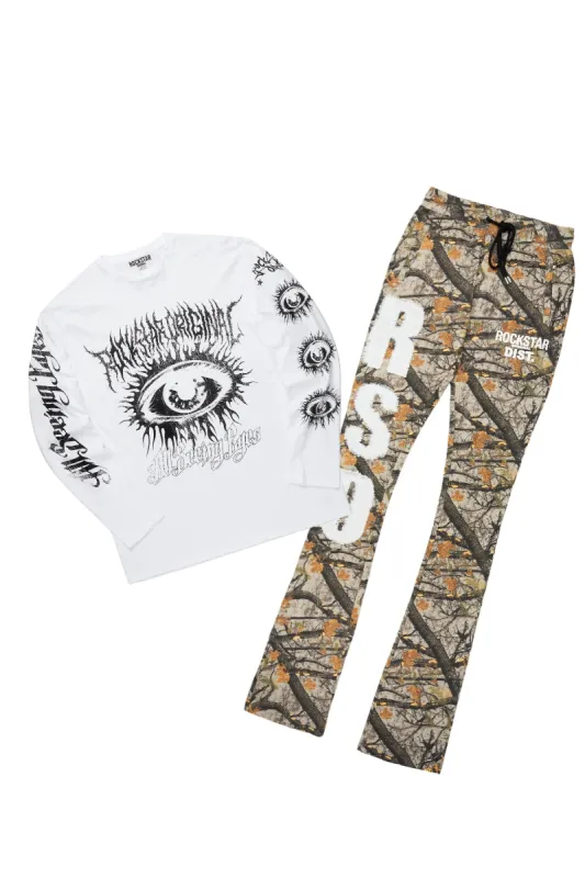 All Seeing Eyes White Long Sleeve T-Shirt & Bansi Tree Camo Super Stacked Track Set sold by Rockstar Original
