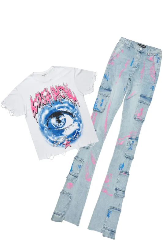 Jakeisha White/Blue T-Shirt/Super Stacked Jean Set sold by Rockstar Original