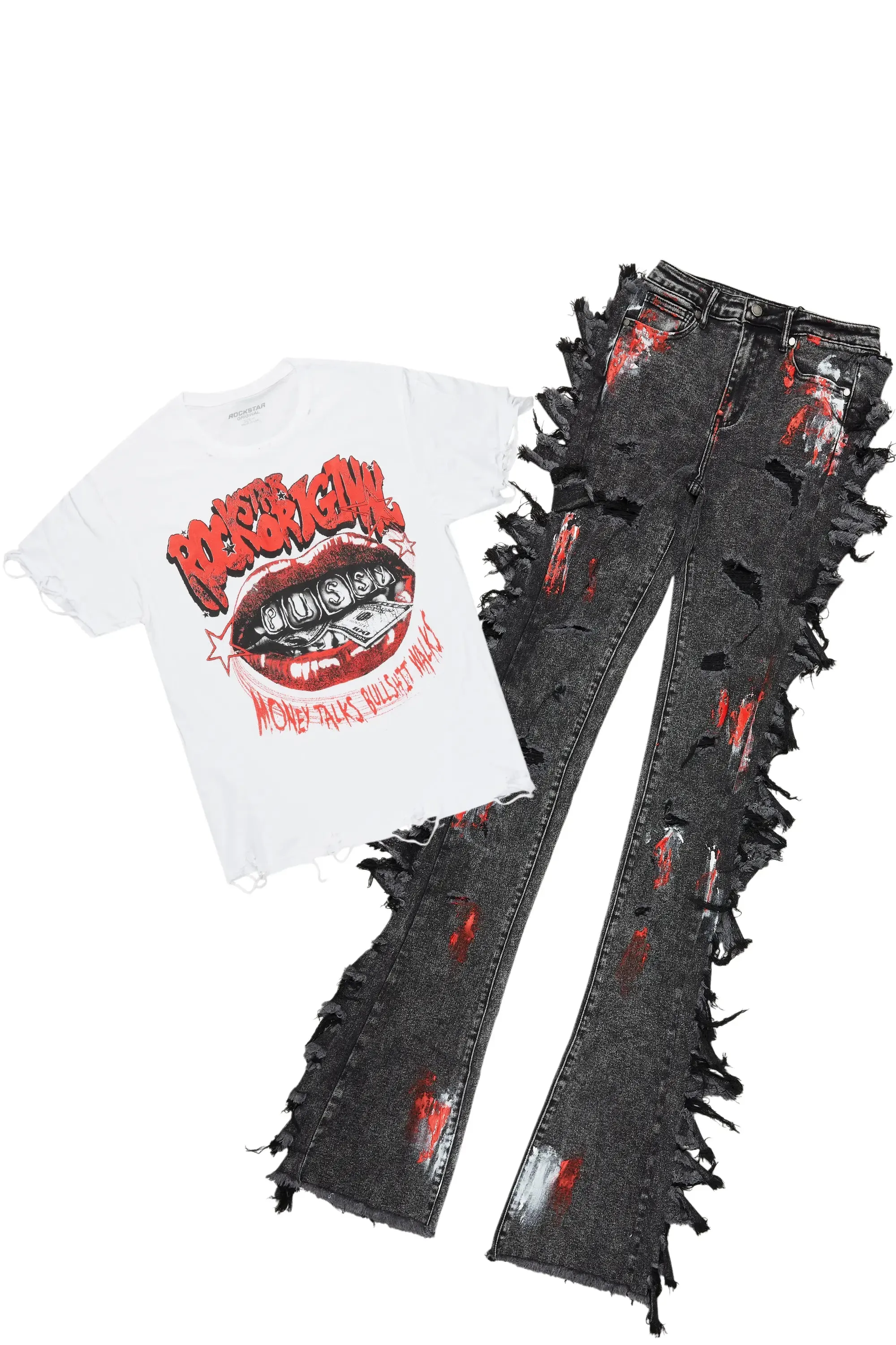 Avona White/Black T-Shirt/Super Stacked Jean Set sold by Rockstar Original