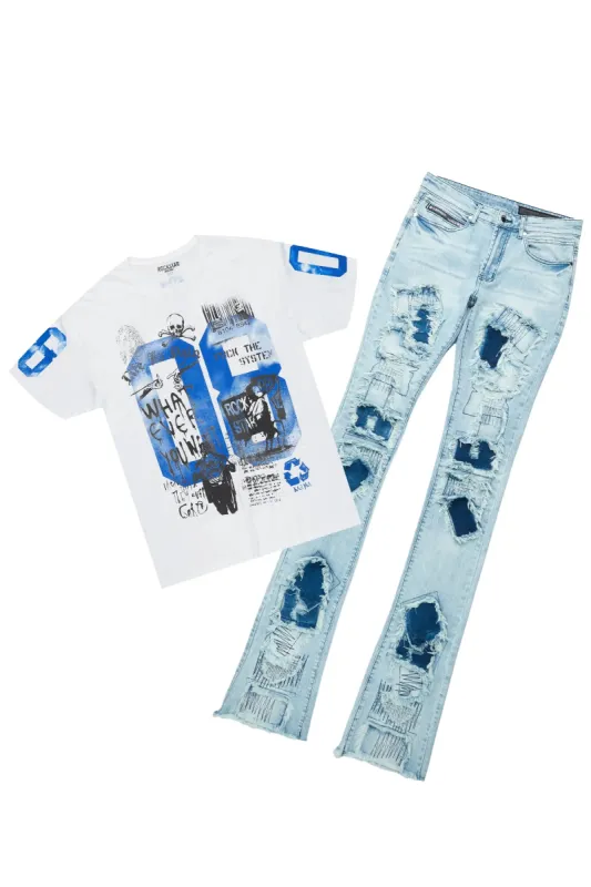 Grill White/Blue T-Shirt & Camden Super Stacked Flare Jean Bundle sold by Rockstar Original