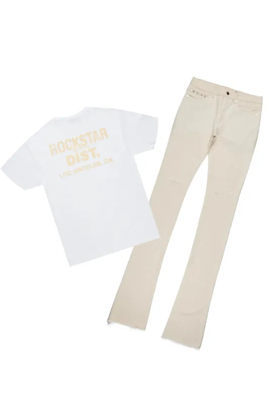 Lake White T-Shirt & Josiah Beige Super Stacked Flare Jean Bundle sold by Rockstar Original