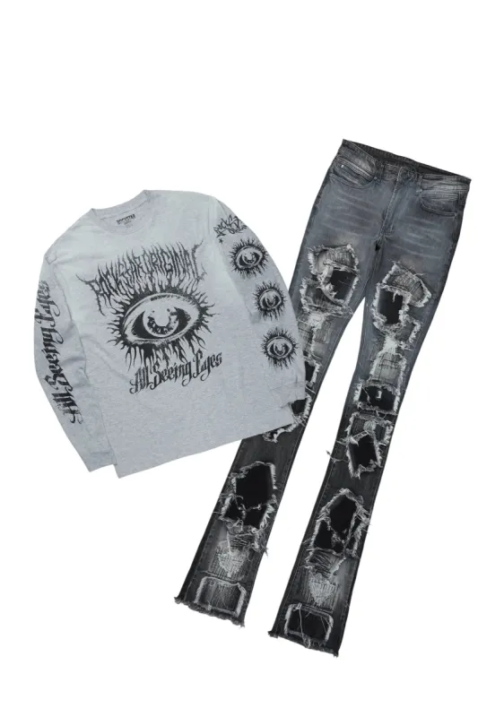 All Seeing Eyes Grey Long Sleeve T-Shirt & Camden Super Stacked Flare Jean Bundle sold by Rockstar Original