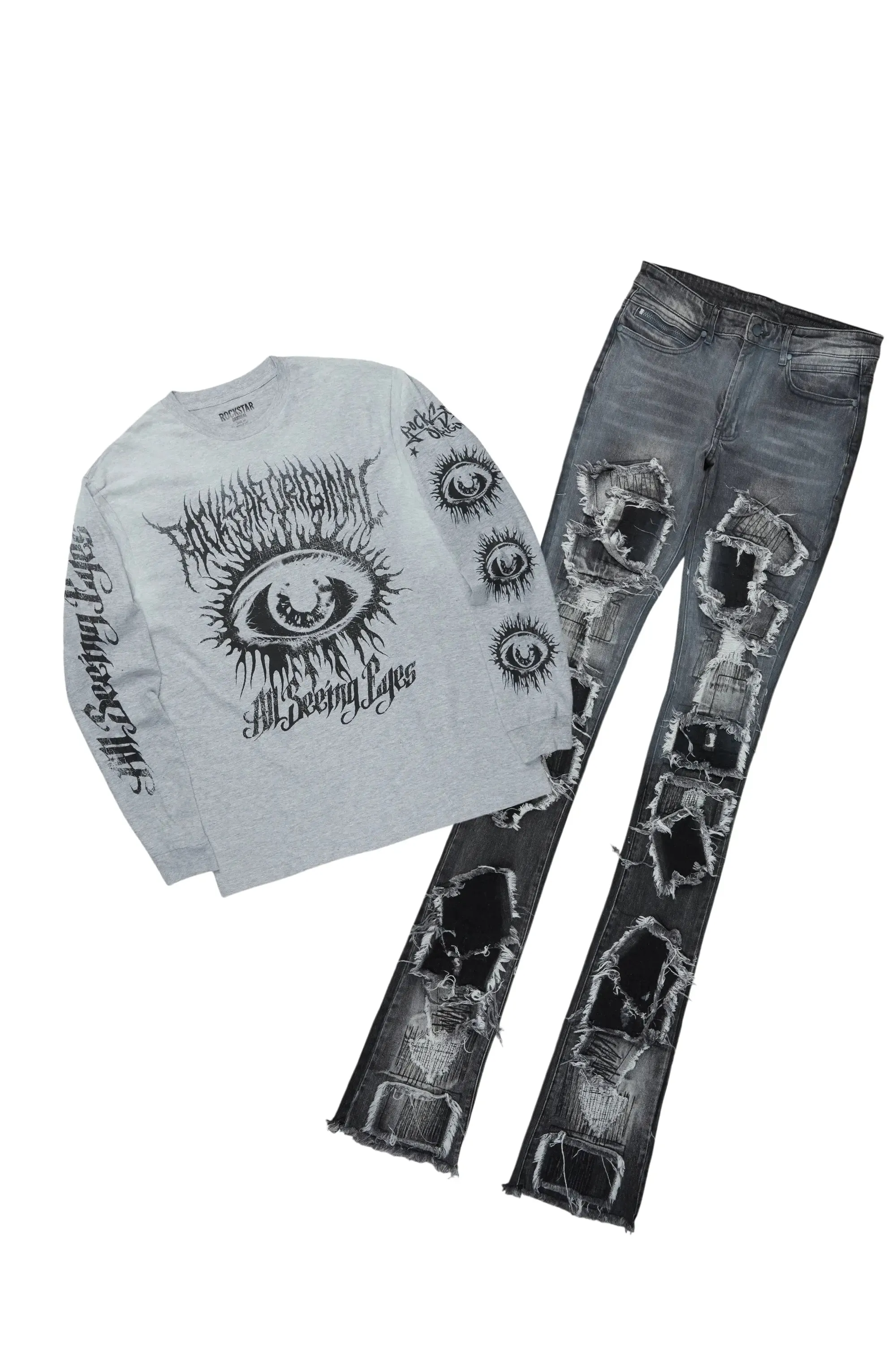 All Seeing Eyes Grey Long Sleeve T-Shirt/Super Stacked Flare Jean Bundle sold by Rockstar Original