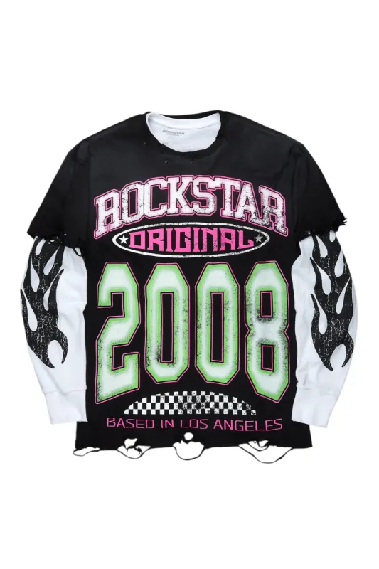 Jaren Black Double Layer Long Sleeve Graphic T-Shirt sold by Rockstar Original