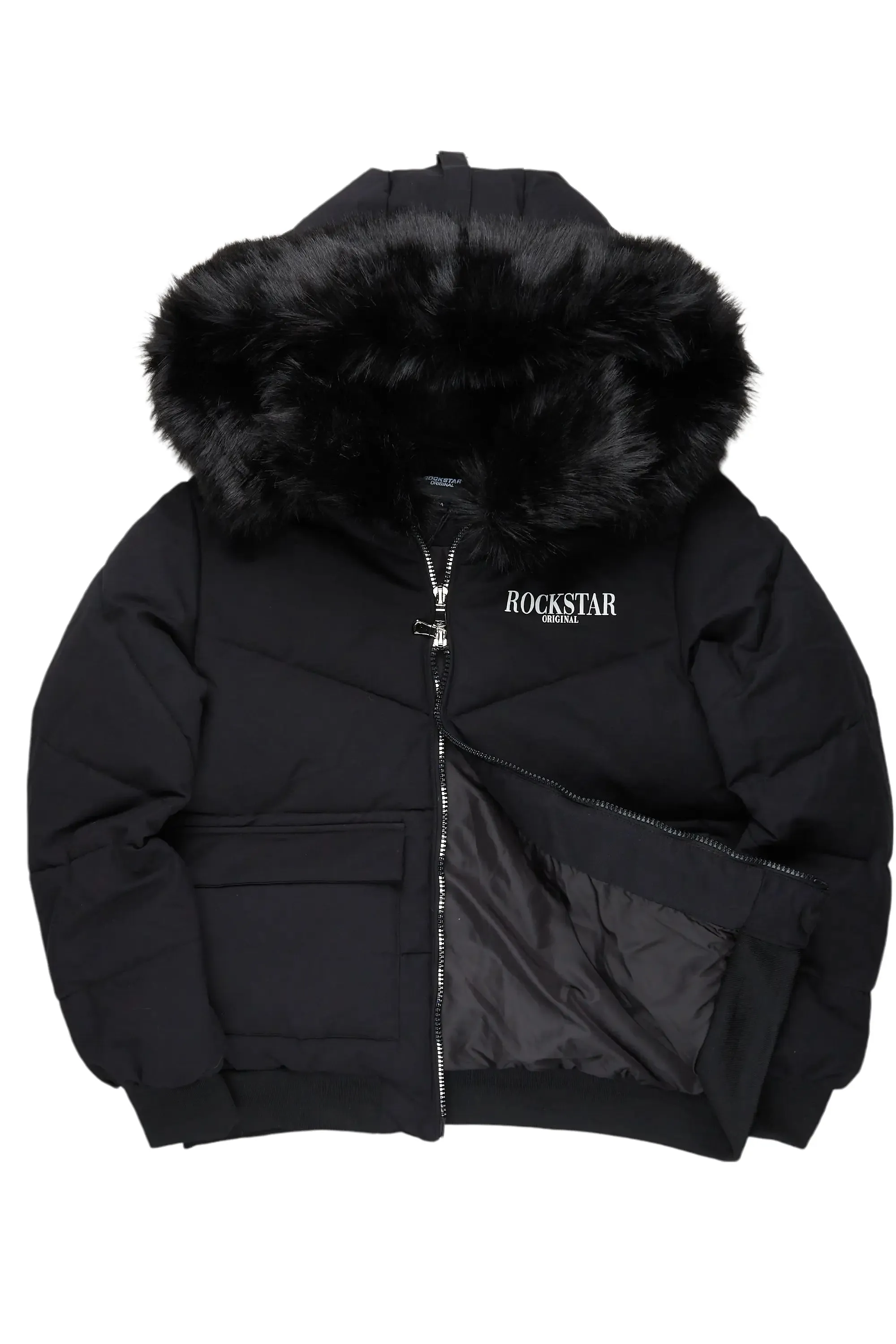 Langston Black Puffer Jacket with Fur Hood | Parallel