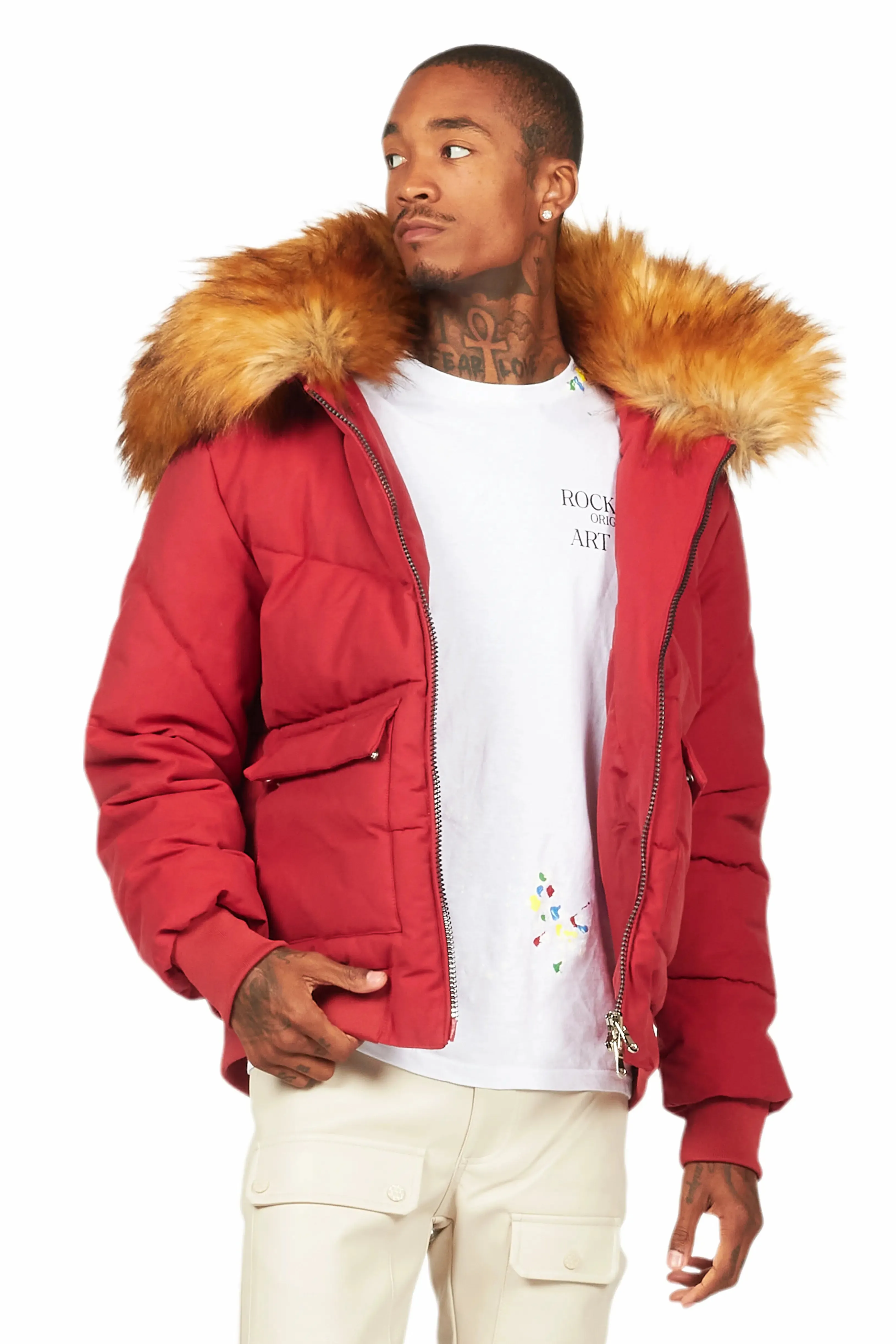 Langston Red Puffer Jacket with Fur Hood sold by Rockstar Original product image thumbnail 3