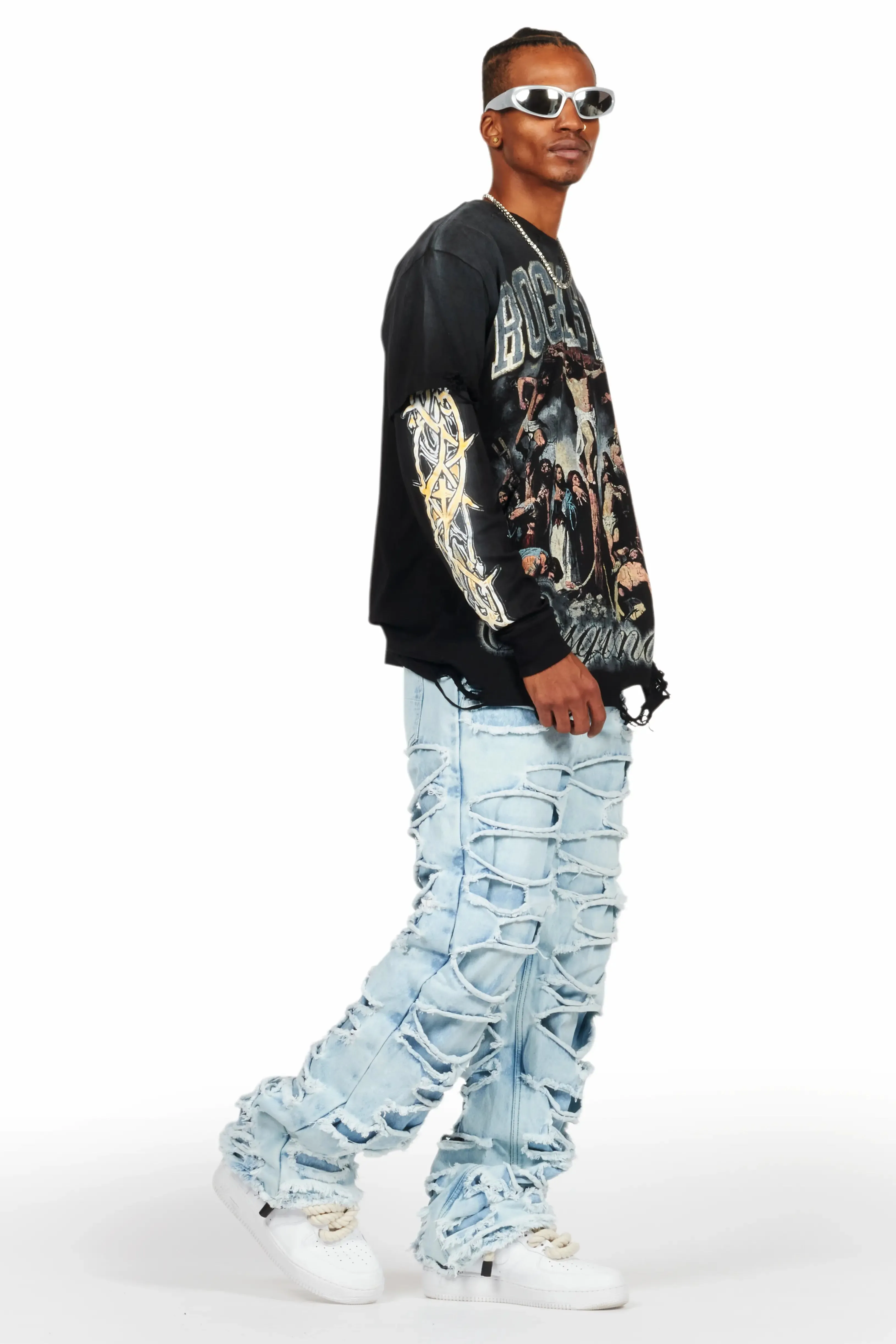 Waller Black Double Layer Long Sleeve Graphic T-Shirt sold by Rockstar Original product image thumbnail 5