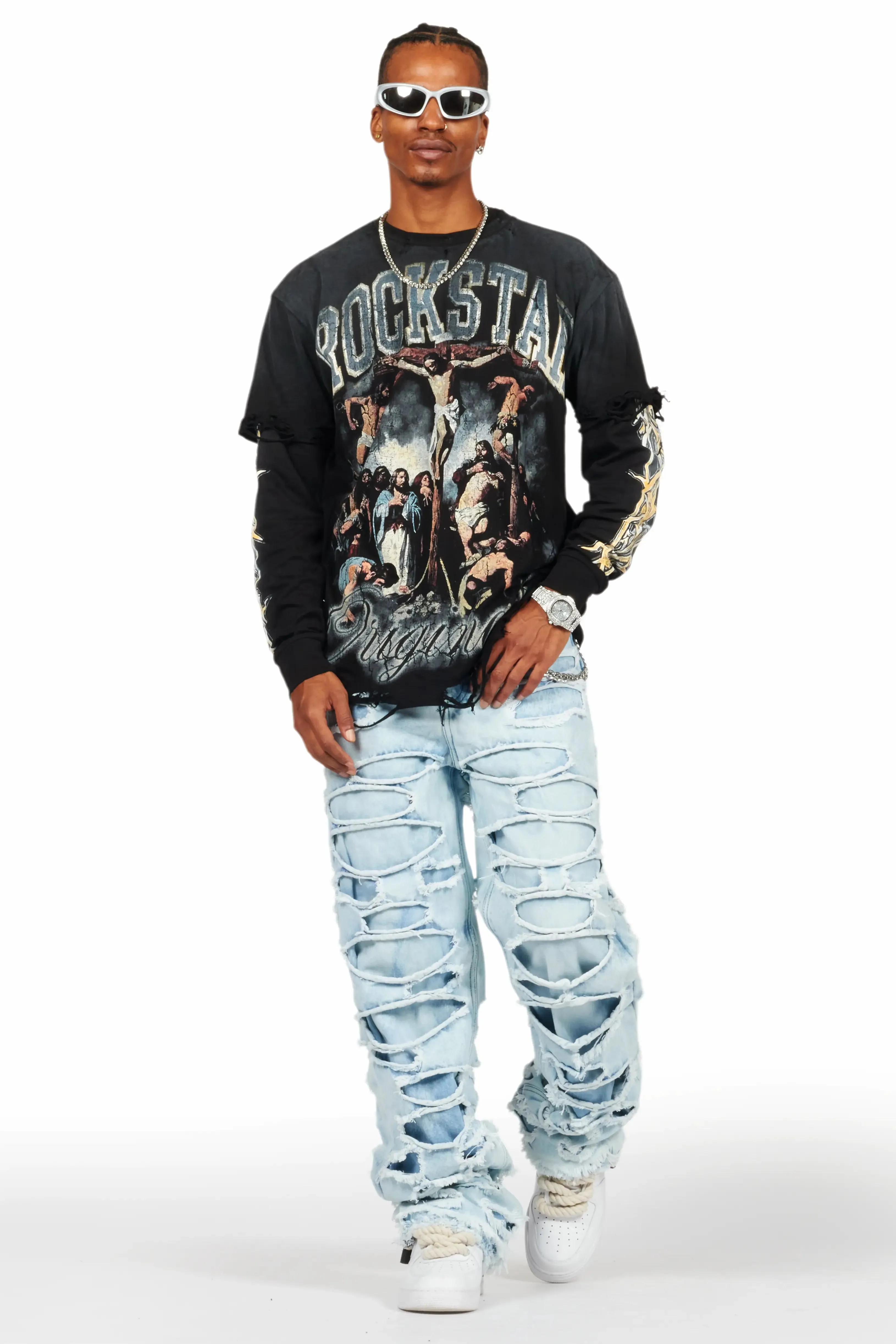 Waller Black Double Layer Long Sleeve Graphic T-Shirt sold by Rockstar Original product image thumbnail 2