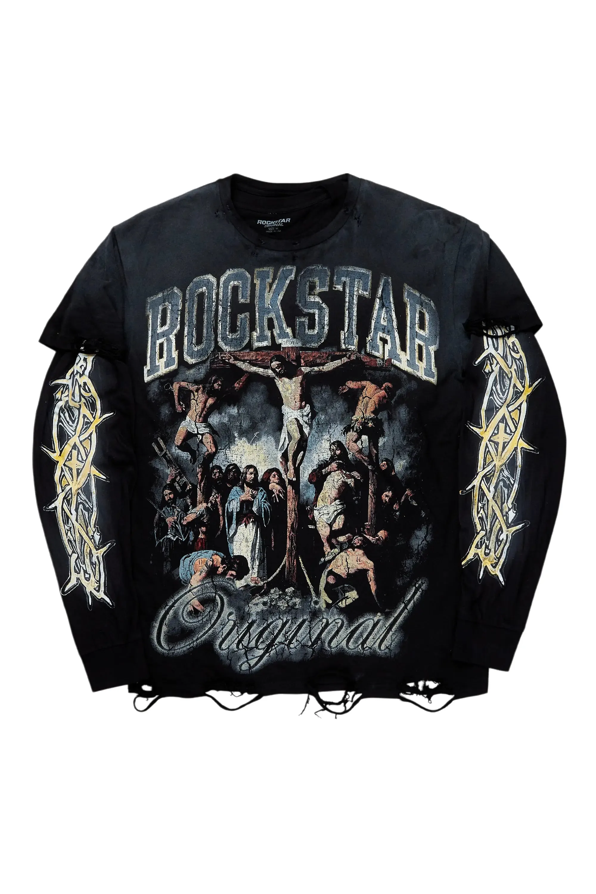 Waller Black Double Layer Long Sleeve Graphic T-Shirt sold by Rockstar Original