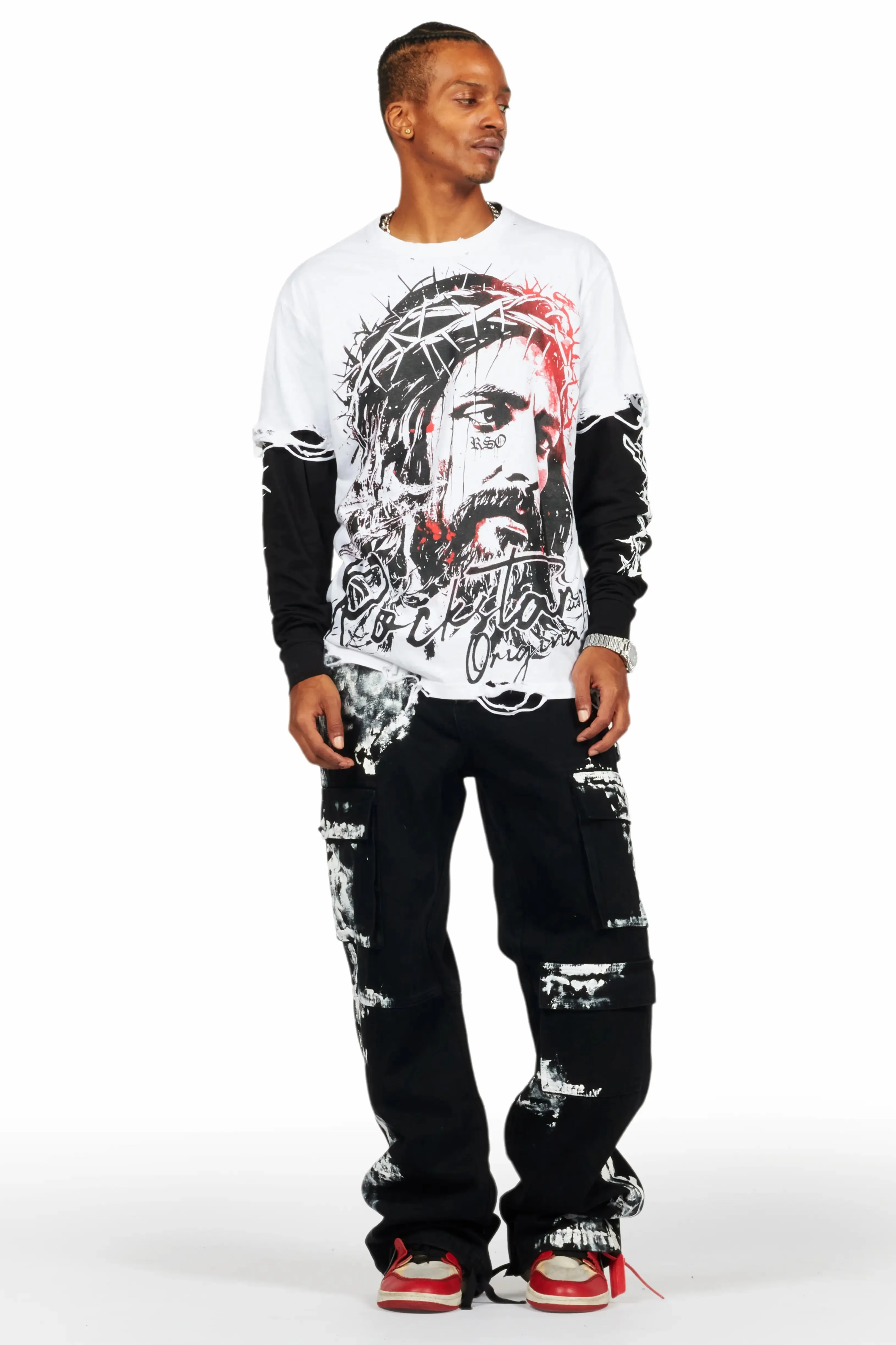 Bedros White Double Layer Long Sleeve Graphic T-Shirt sold by Rockstar Original product image thumbnail 2