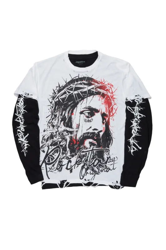 Bedros White Double Layer Long Sleeve Graphic T-Shirt sold by Rockstar Original