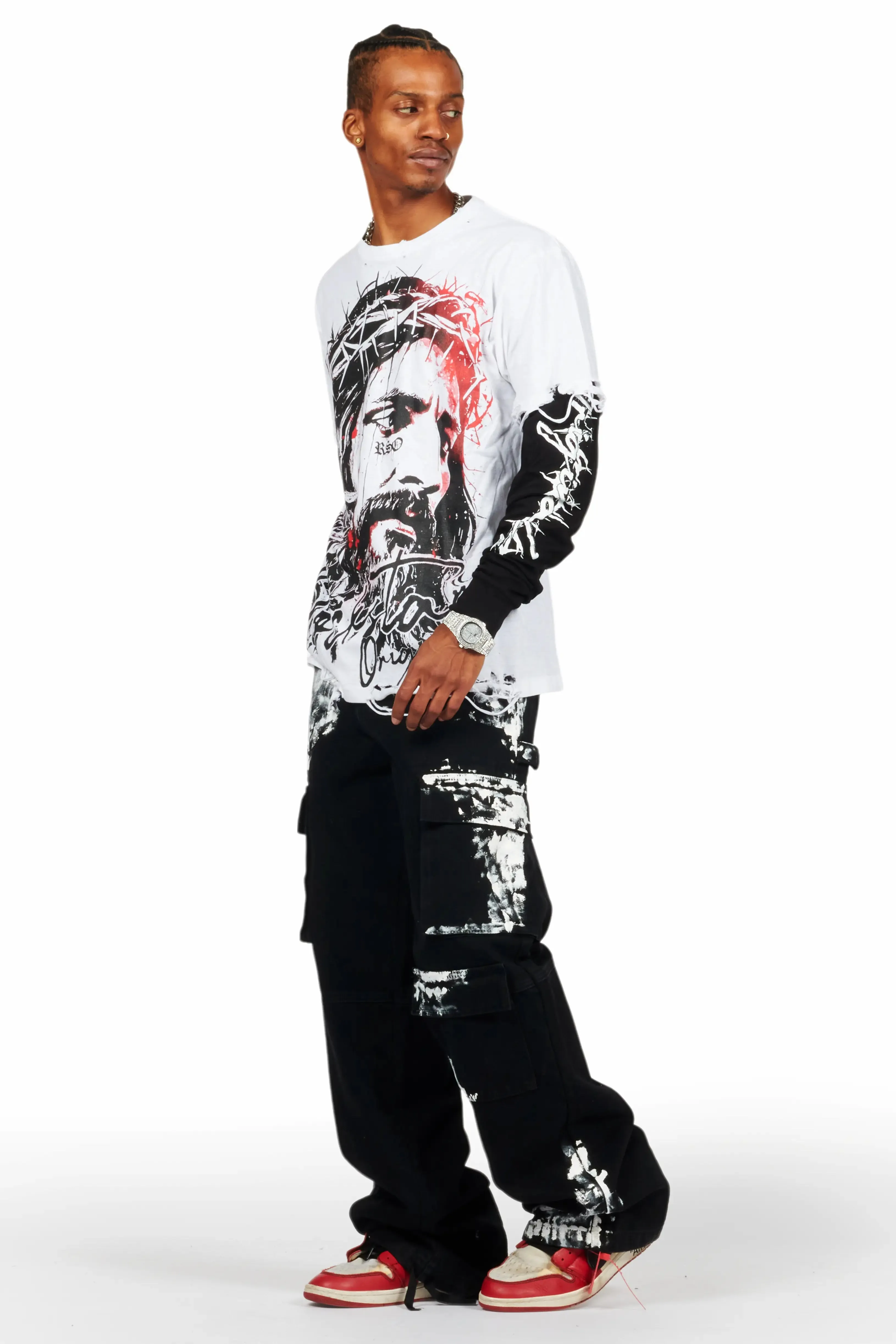 Bedros White Double Layer Long Sleeve Graphic T-Shirt sold by Rockstar Original product image thumbnail 4