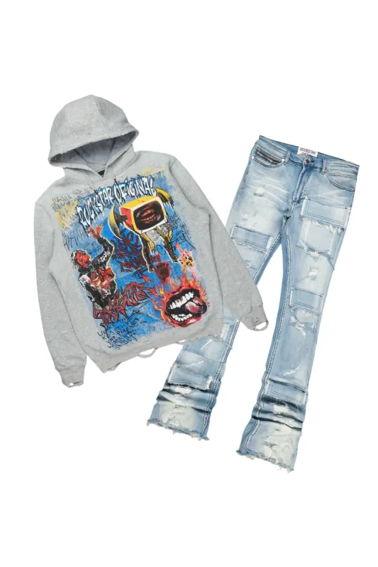Yooz Grey Hoodie & Pooja Blue Super Stacked Flare Jean Bundle sold by Rockstar Original