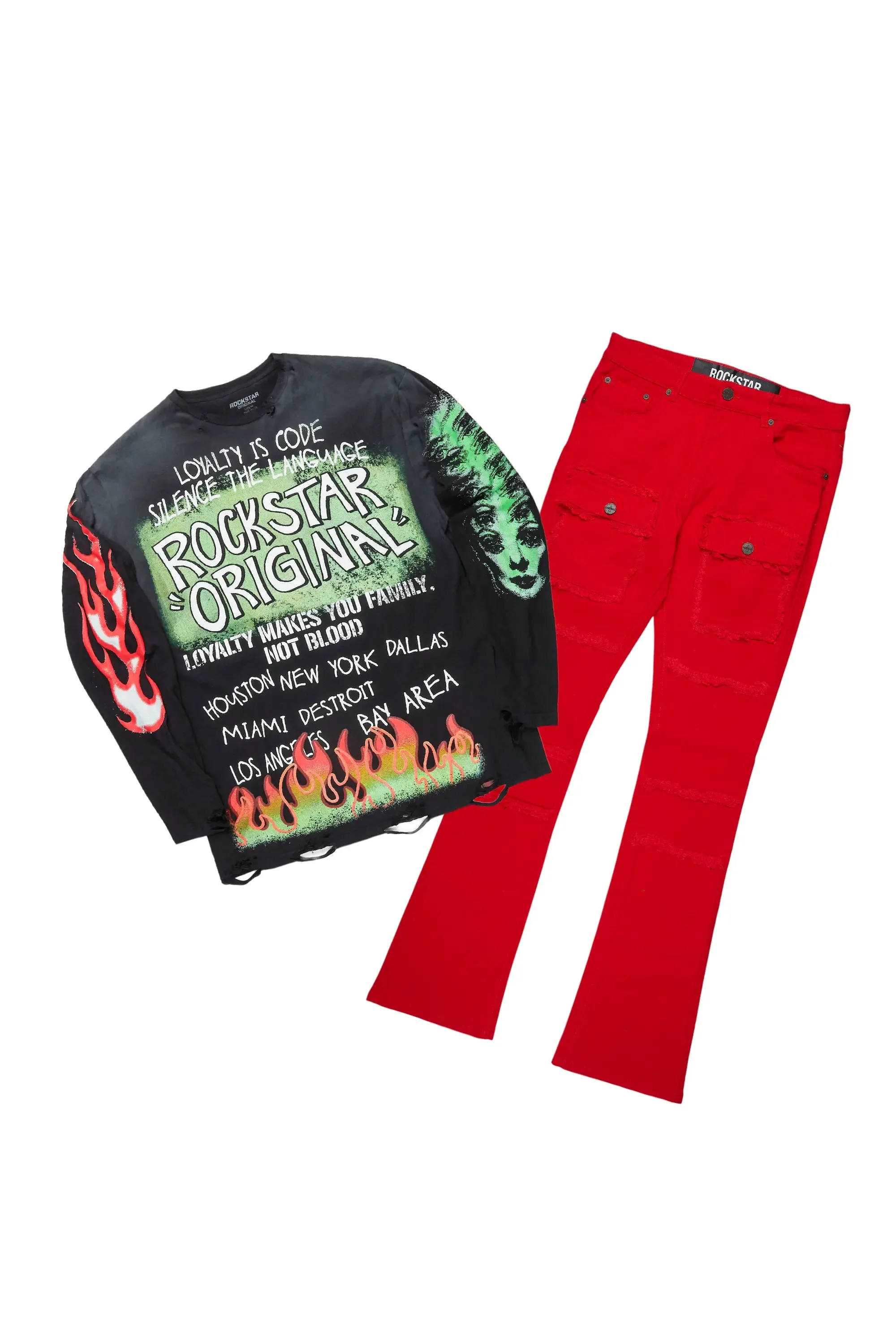 Beno Black/Red Long Sleeve T-Shirt/Stacked Flare Cargo Jean Bundle sold by Rockstar Original