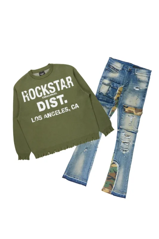 Mallow Green Knit Sweater & Zeta Stacked Flare Jean Bundle sold by Rockstar Original