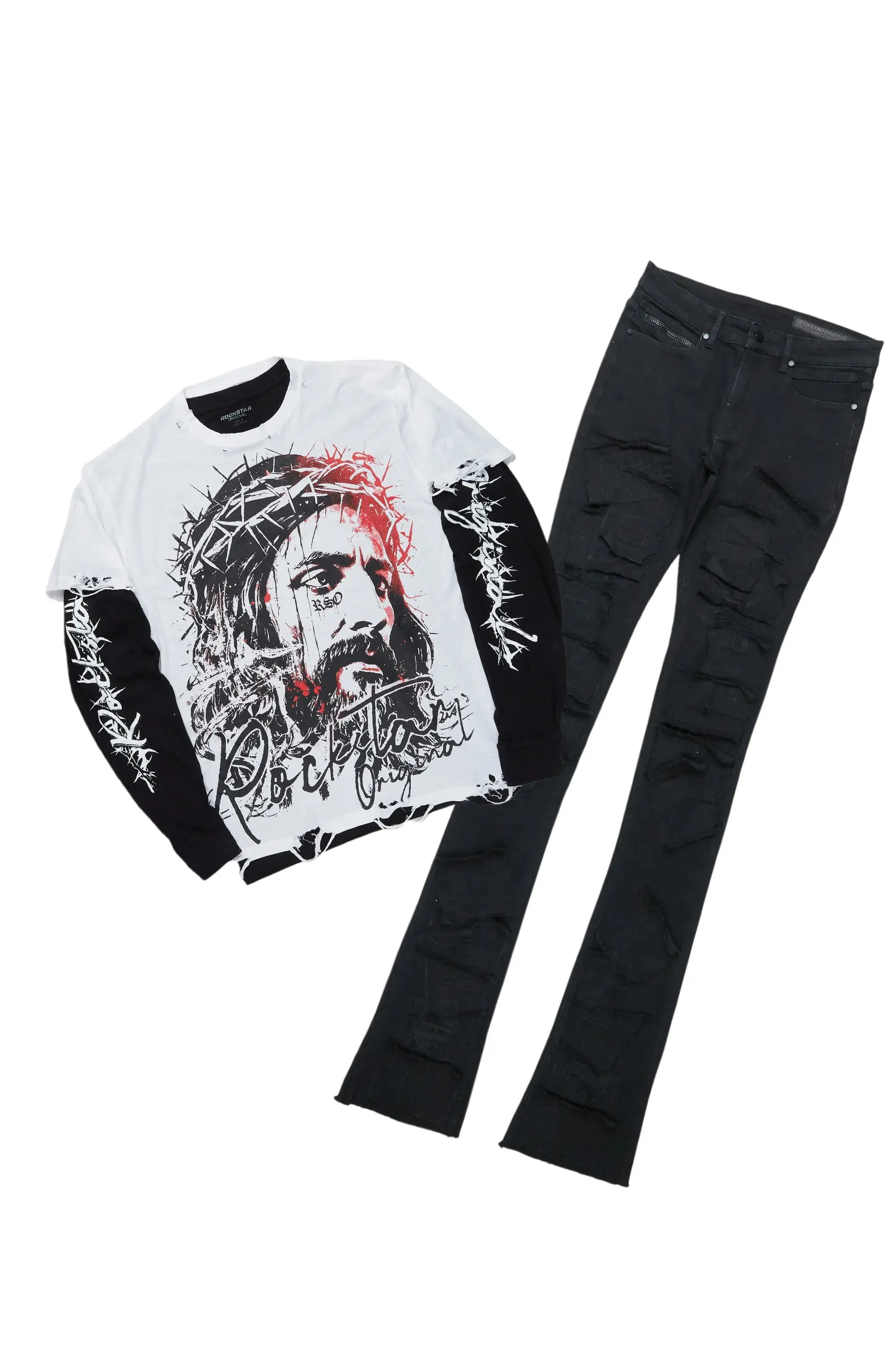 Bedros White/Black Double Layer T-Shirt & Camden Super Stacked Flare Jean Bundle sold by Rockstar Original