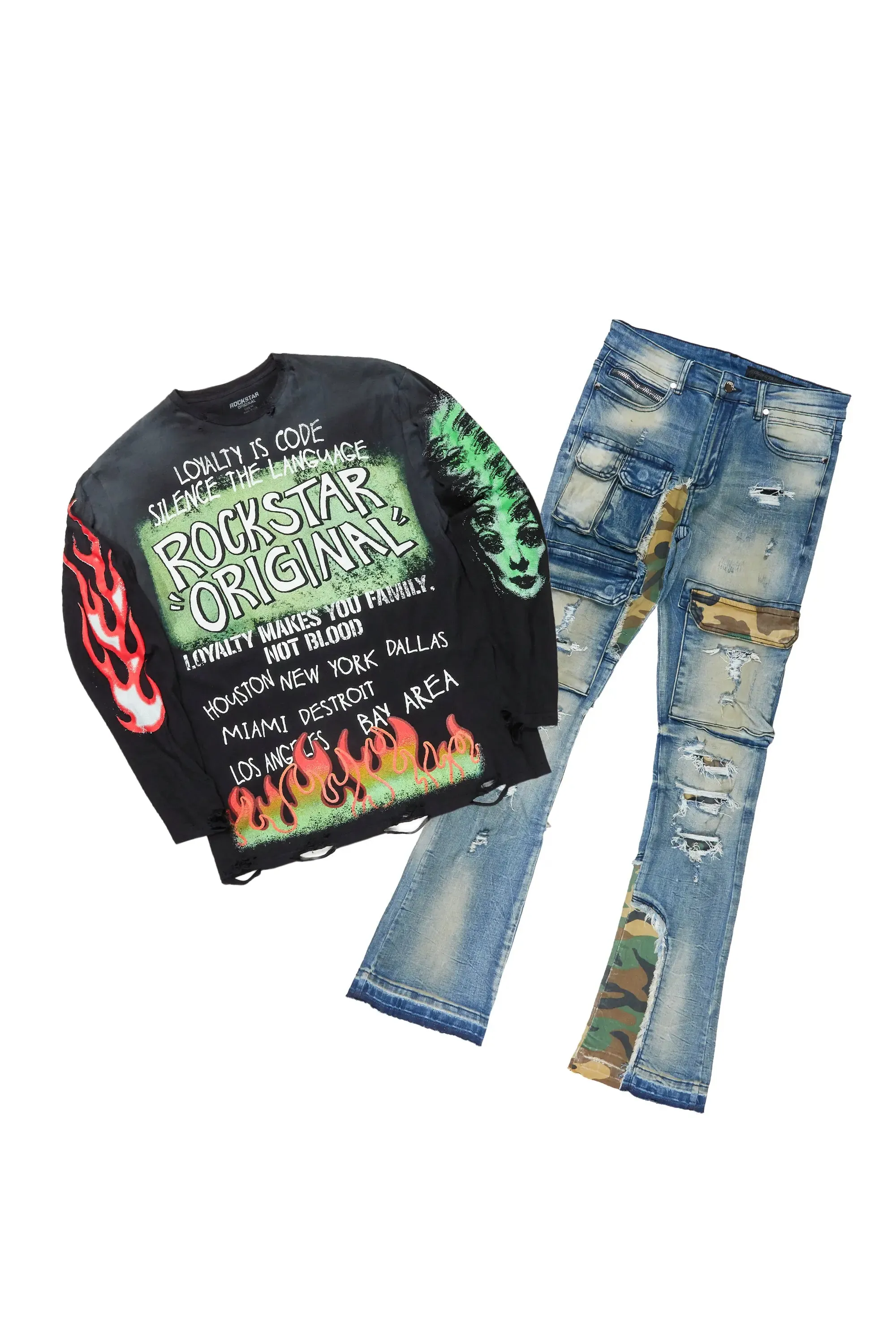 Beno Black Long Sleeve T-Shirt & Zeta Super Stacked Flare Jean Bundle sold by Rockstar Original
