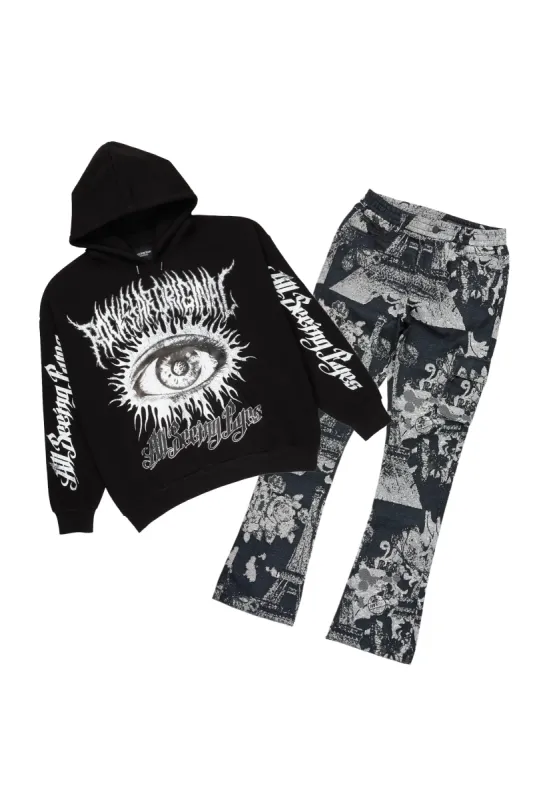All Seeing Eyes Black Hoodie & Lamont Stacked Flare Tapestry Jean Bundle sold by Rockstar Original