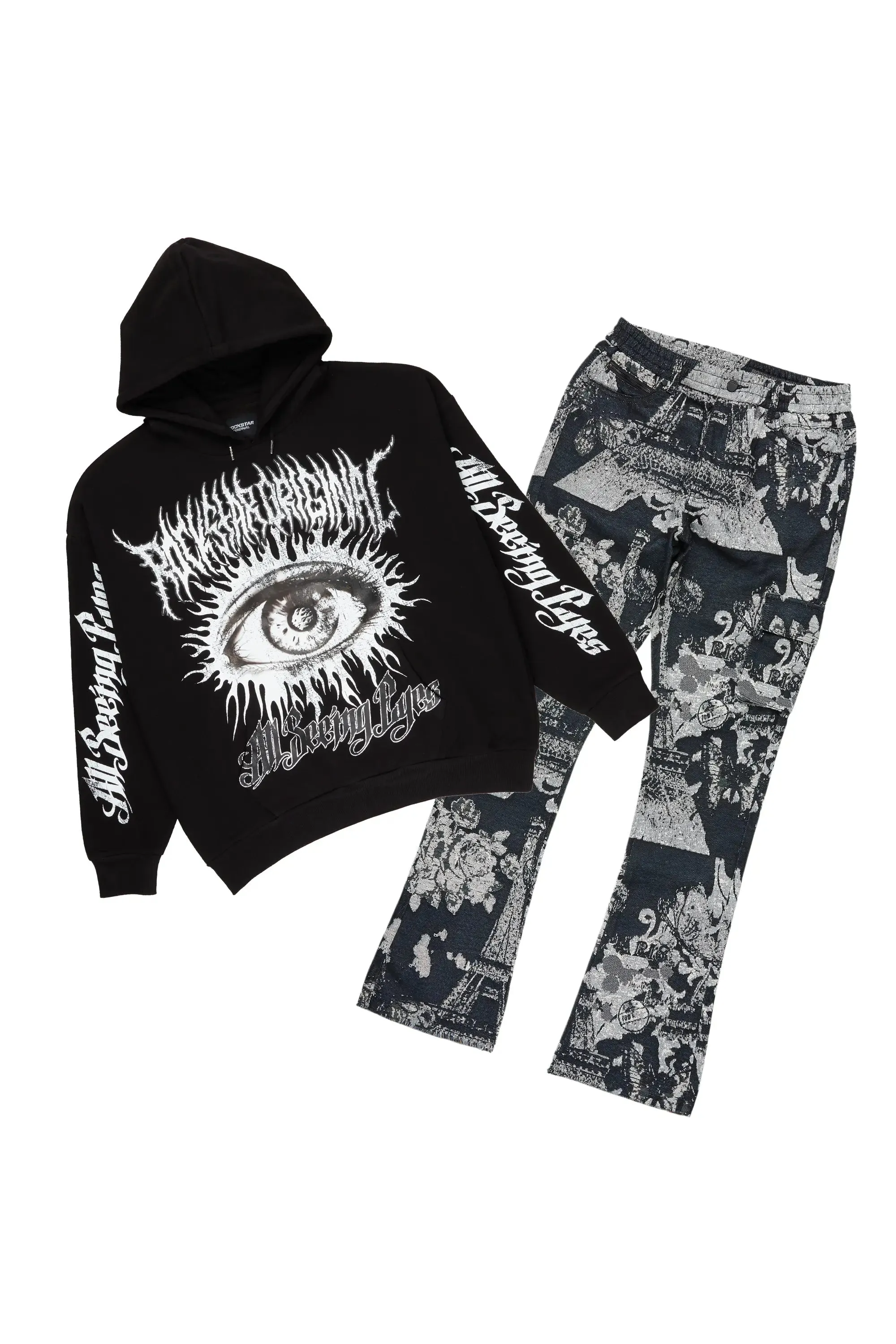 All Seeing Eyes Black Hoodie & Lamont Stacked Flare Tapestry Jean Bundle sold by Rockstar Original