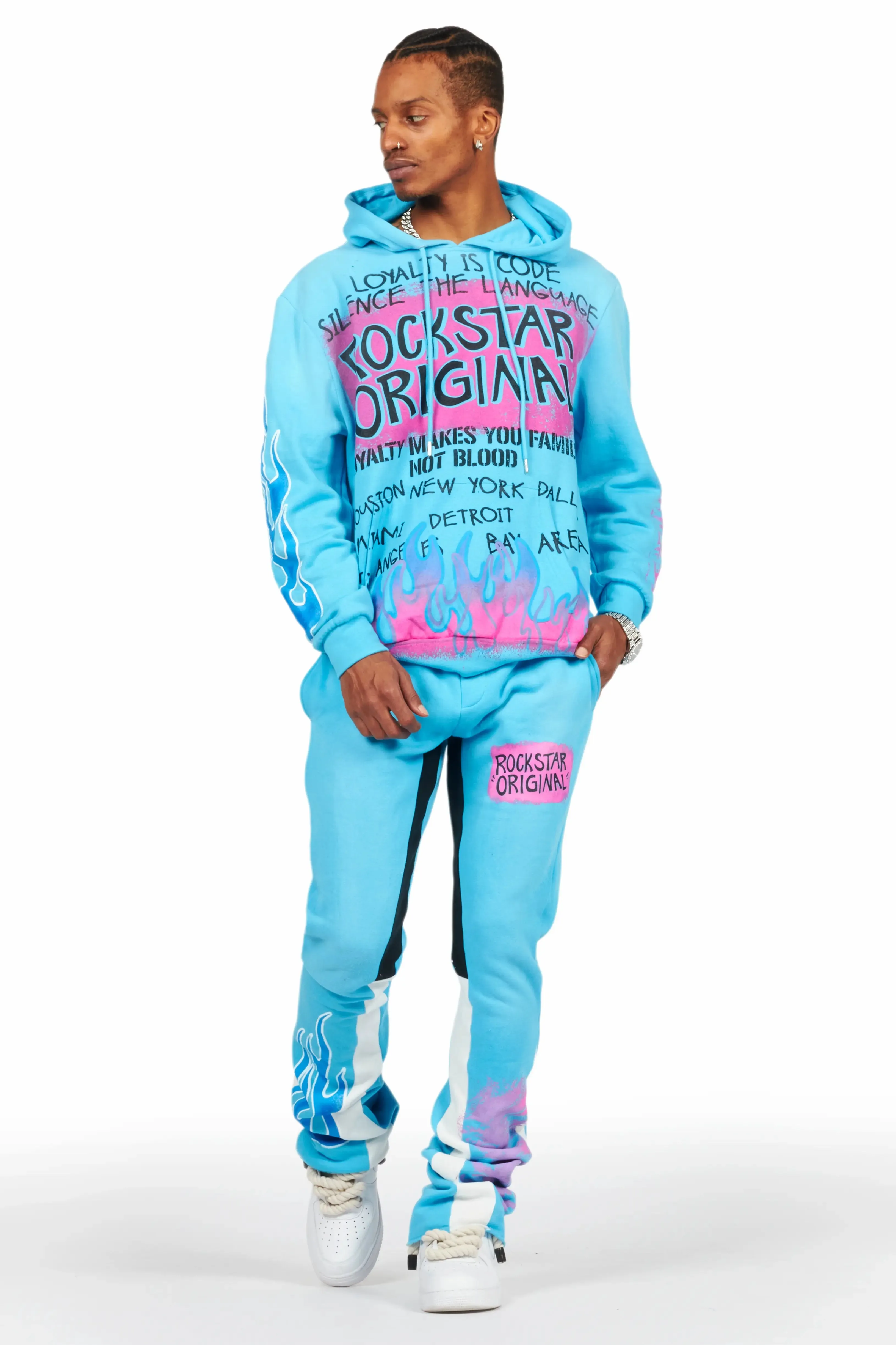 Beno Blue Stacked Flare Hoodie Track Set sold by Rockstar Original product image thumbnail 2