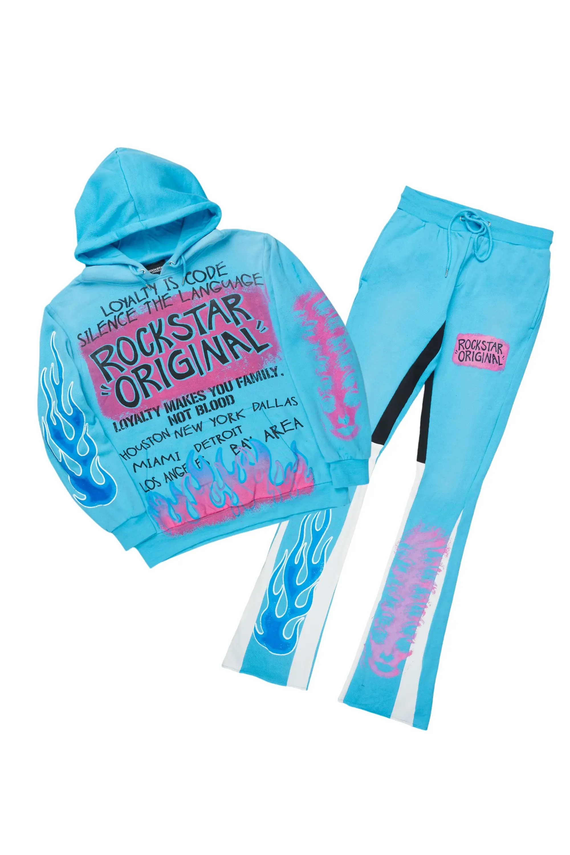 Beno Blue Stacked Flare Hoodie Track Set sold by Rockstar Original