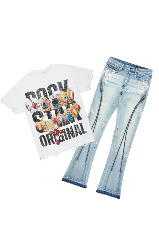 Barton White T-Shirt/Stacked Flare Jean Bundle sold by Rockstar Original