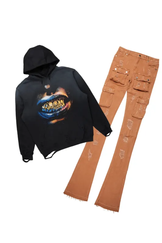 Marsonique Black/Tan Hoodie/Super Stacked Jean Set sold by Rockstar Original
