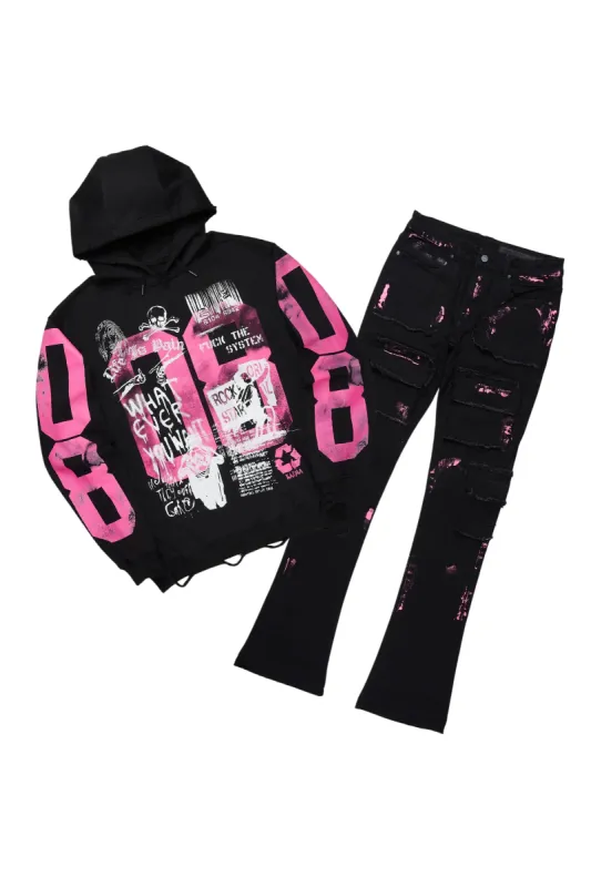Grill Black/Pink Hoodie/Stacked Flare Jean Bundle sold by Rockstar Original