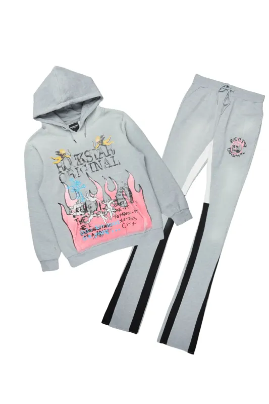 Boone Heather Grey Super Stacked Hoodie Track Set sold by Rockstar Original