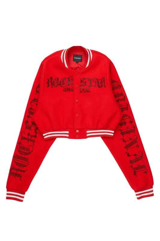 Gianni Red Crop Rhinestone Varsity Jacket sold by Rockstar Original