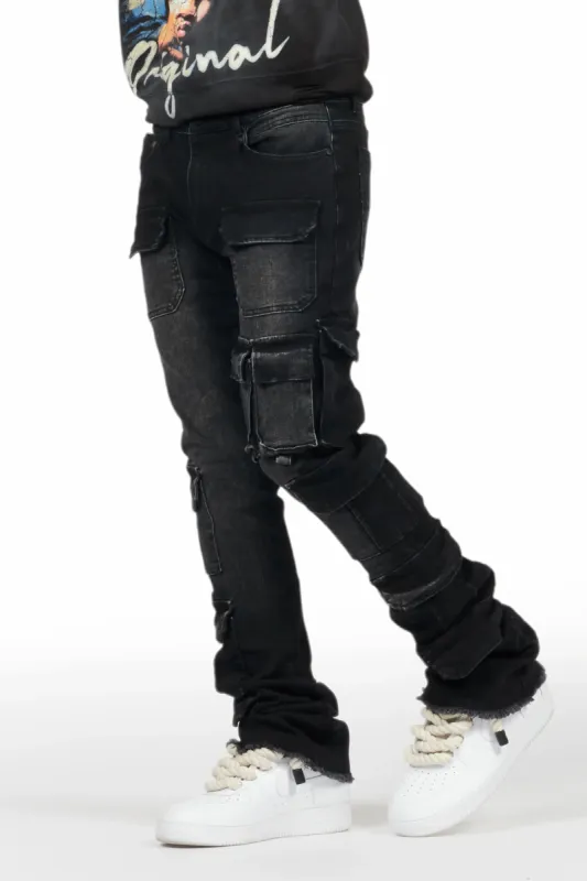 Valery Black Stacked Flared Cargo Jean sold by Rockstar Original
