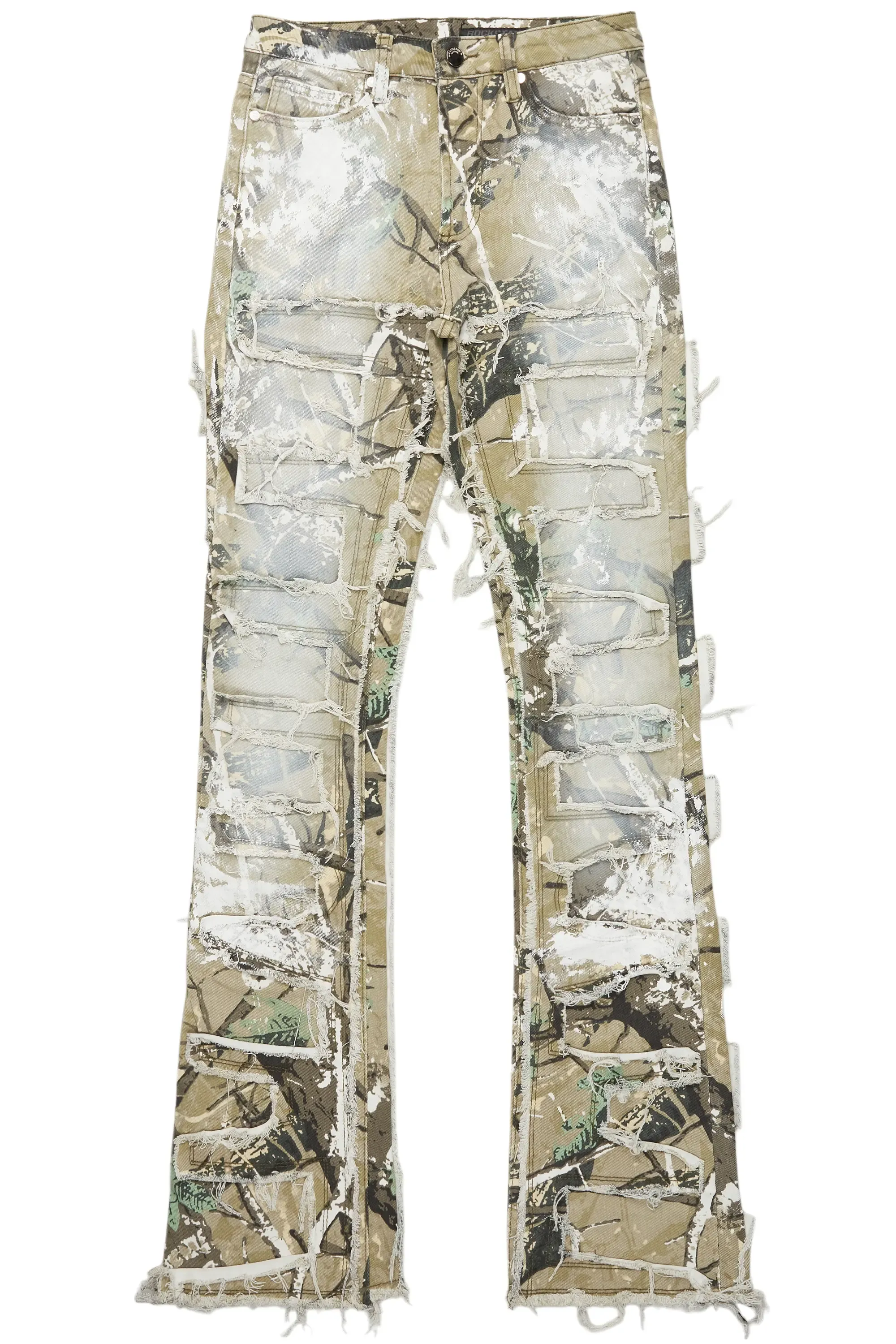 Denzela Tree Camo Painted Stacked Flare Jean sold by Rockstar Original