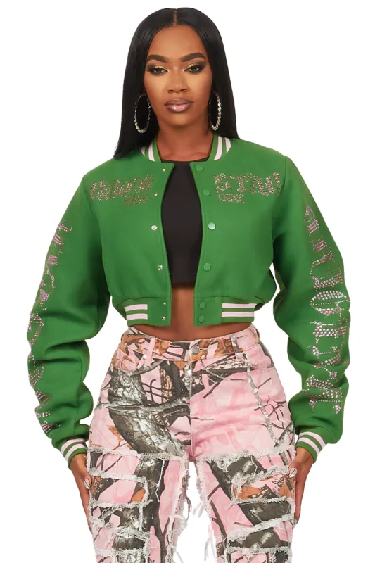 Gianni Green Crop Rhinestone Varsity Jacket sold by Rockstar Original