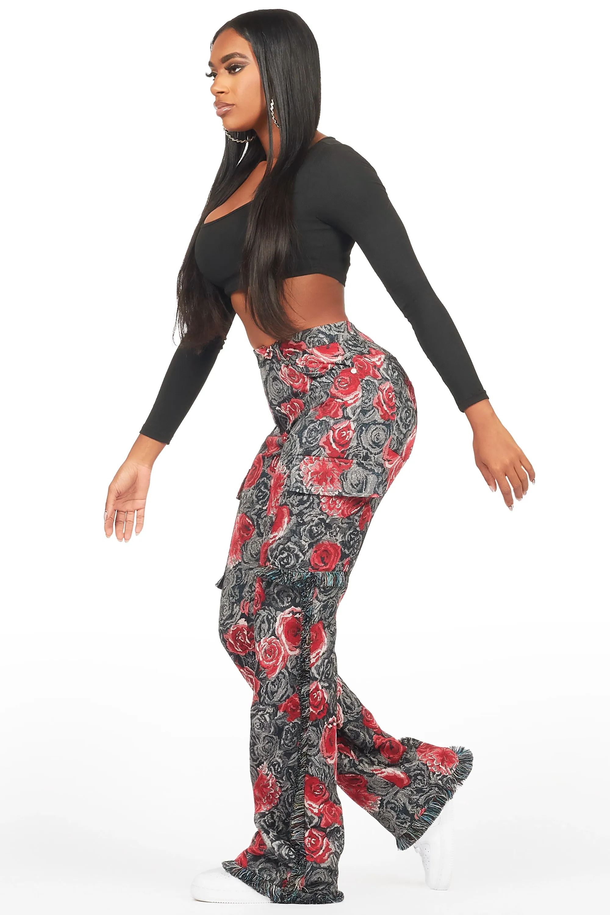 Darresha Black/Red Floral Tapestry Stacked Pant sold by Rockstar Original product image thumbnail 4